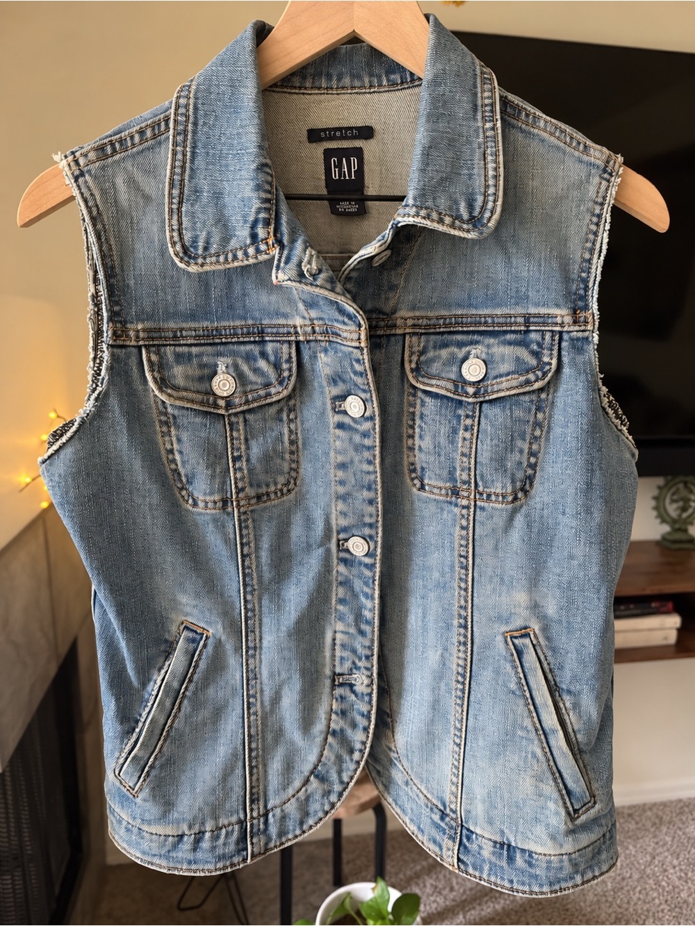 Vintage GAP Distressed Denim Vest with Mushroom Graphic